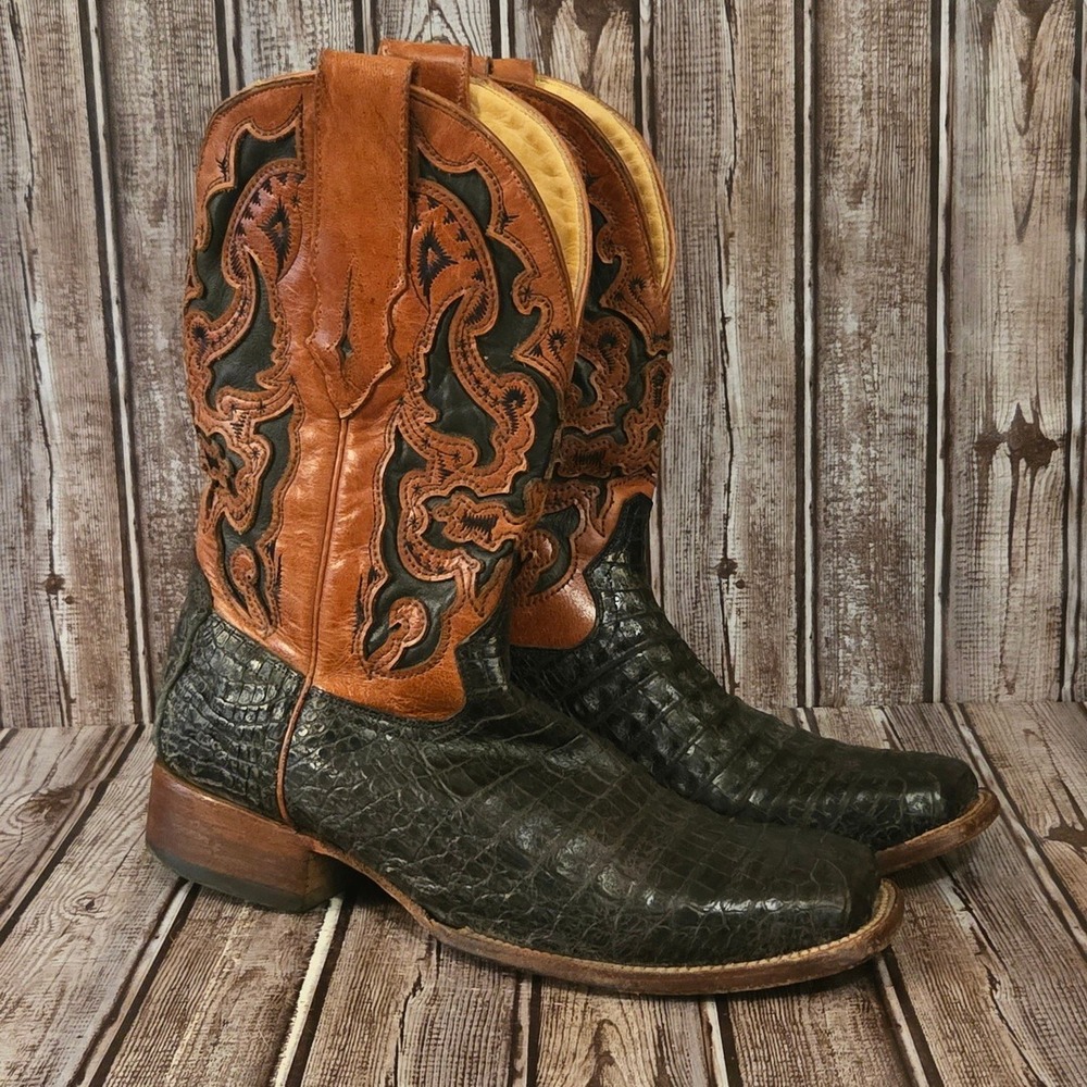 Sz 10 D Mens Corral Caiman Crocodile Black Brown Square Toe Western Boots VGUC